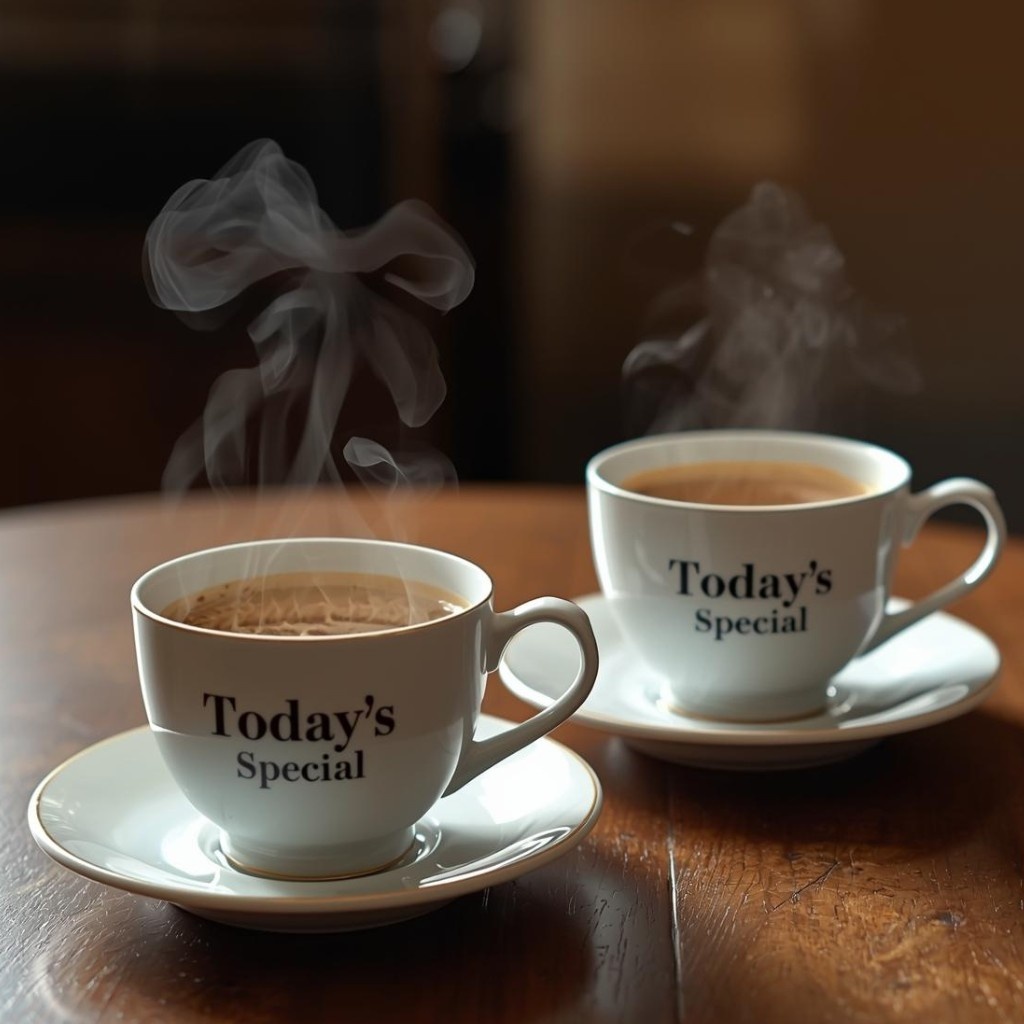 Mugs & teacups (recipe print, “today’s special” designs)